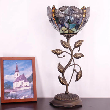 WERFACTORY Small Tiffany Table Lamp 8" Stained Glass Dragonfly Style Shade 19" Tall Antique Vintage Metal Leaf Base Mini Bedside Accent Desk Torchiere Uplight